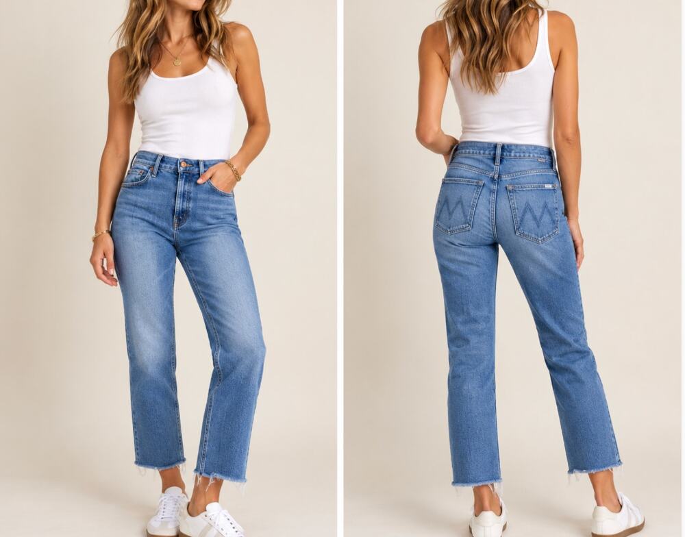 MOTHER The Kick It High Rise Cropped Straight Jeans Raw Hem Blue Size 27